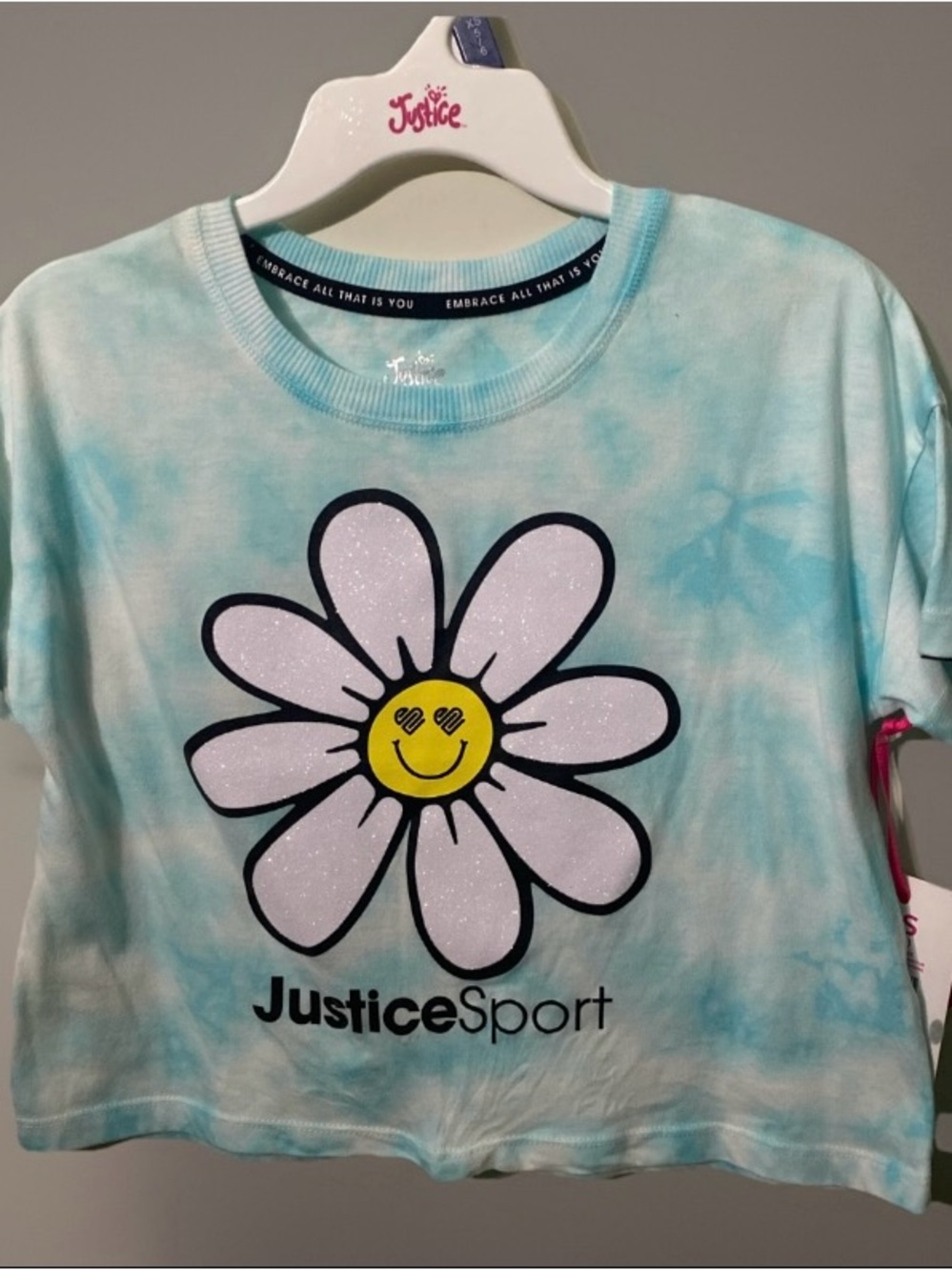 Justice Aqua Tie-Dye Glitter Daisy Graphic Tee XS NWT
